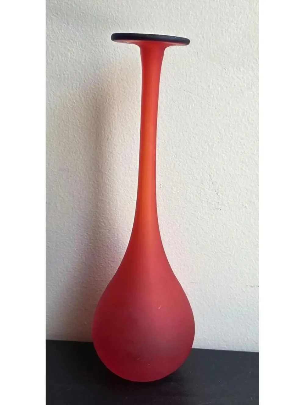 Vintage Murano Style Satin Red Art Glass Bud Vase Blue Rim Carlo Moretti Style